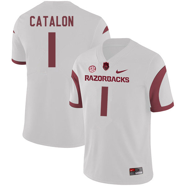 Men #1 Jalen Catalon Arkansas Razorbacks College Football Jerseys Sale-White - Click Image to Close